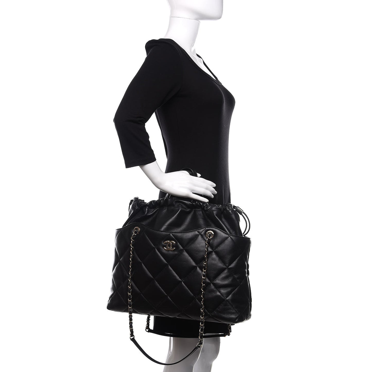 Lambskin Quilted Drawstring Shopping Bag Black