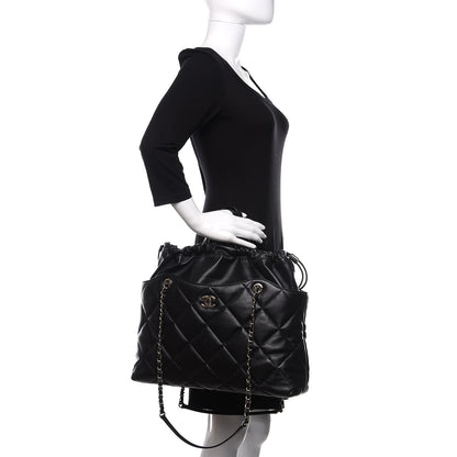 Chanel Lambskin Quilted Drawstring Shopping Bag Black 4 of 11