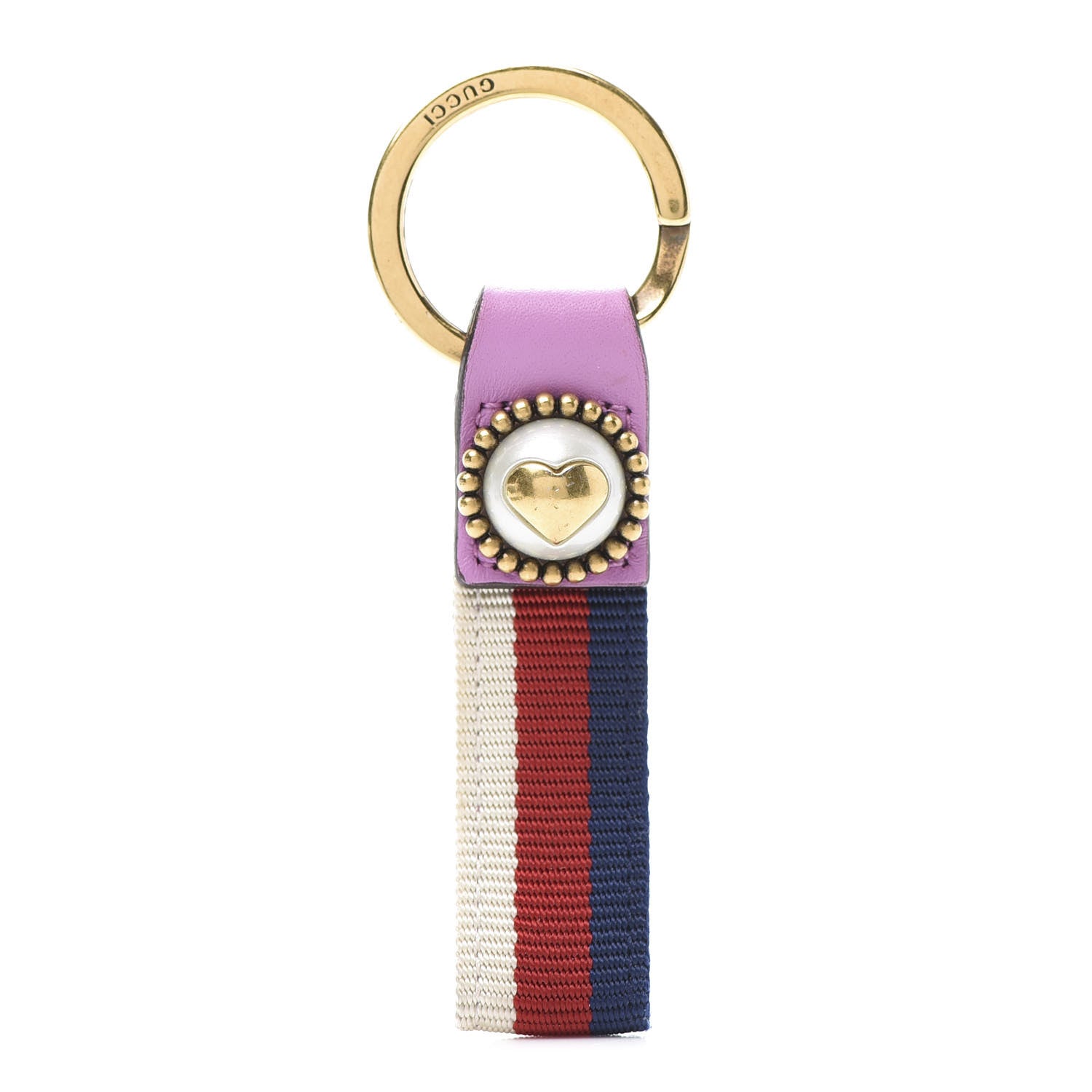 Gucci Web Nylon Pearl Heart Key Ring Candy Mousse Navy 1 of 6