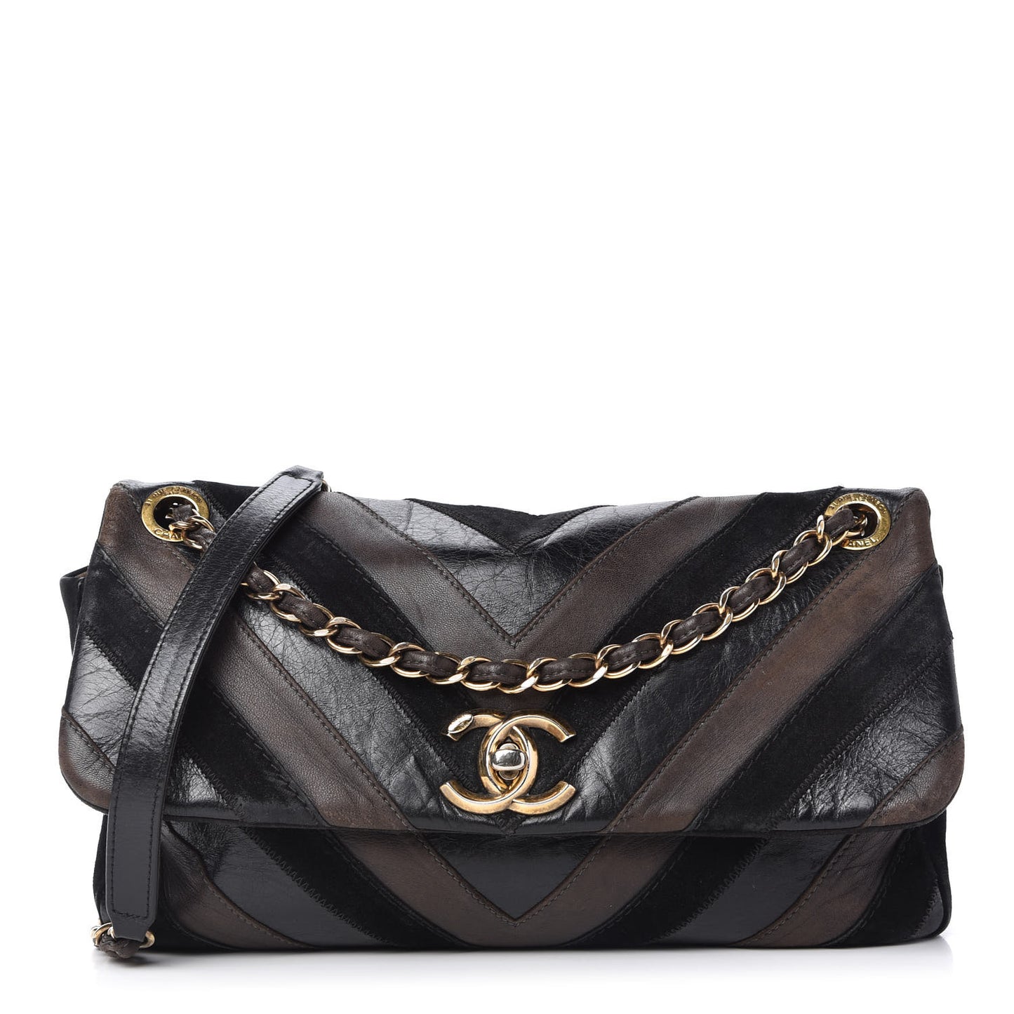 Suede Lambskin Glazed Calfskin Lady Vintage Chevron Flap Black Brown
