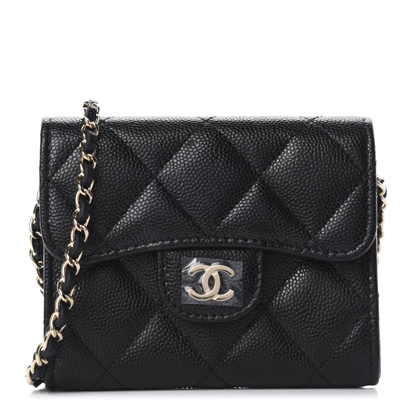 Caviar Quilted Flap Card Holder On Chain Black