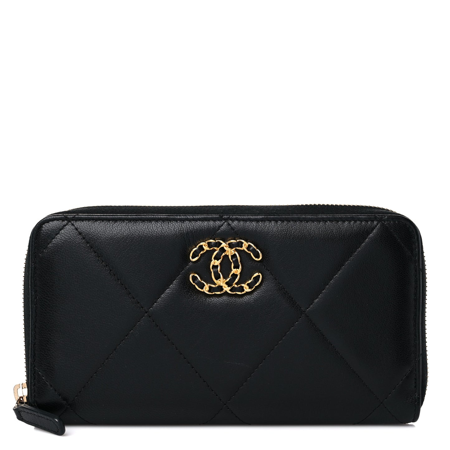 Shiny Goatskin Quilted Chanel 19 Long Zipped Around Wallet Black
