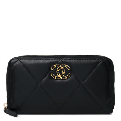 Chanel Shiny Goatskin Quilted Chanel 19 Long Zipped Around Wallet Black 1 of 13