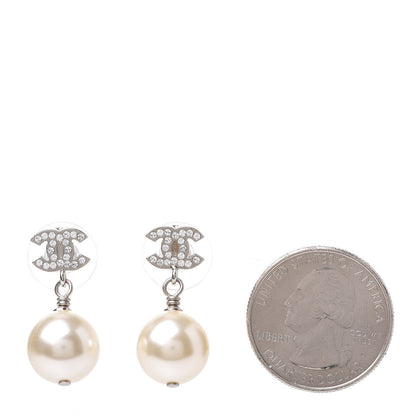 Chanel Crystal Pearl CC Drop Earrings Silver Pearly White 2 of 4