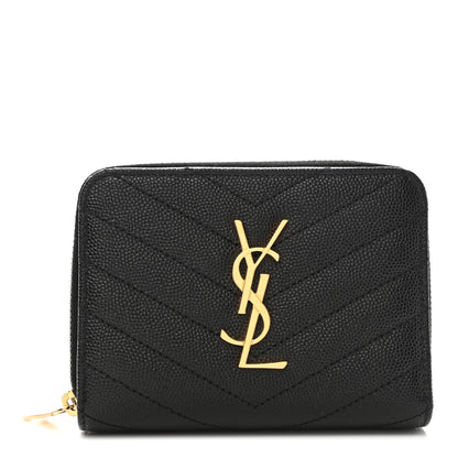 Saint Laurent Grain De Poudre Matelasse Chevron Monogram Compact Zip Around Wallet Black 1 of 8