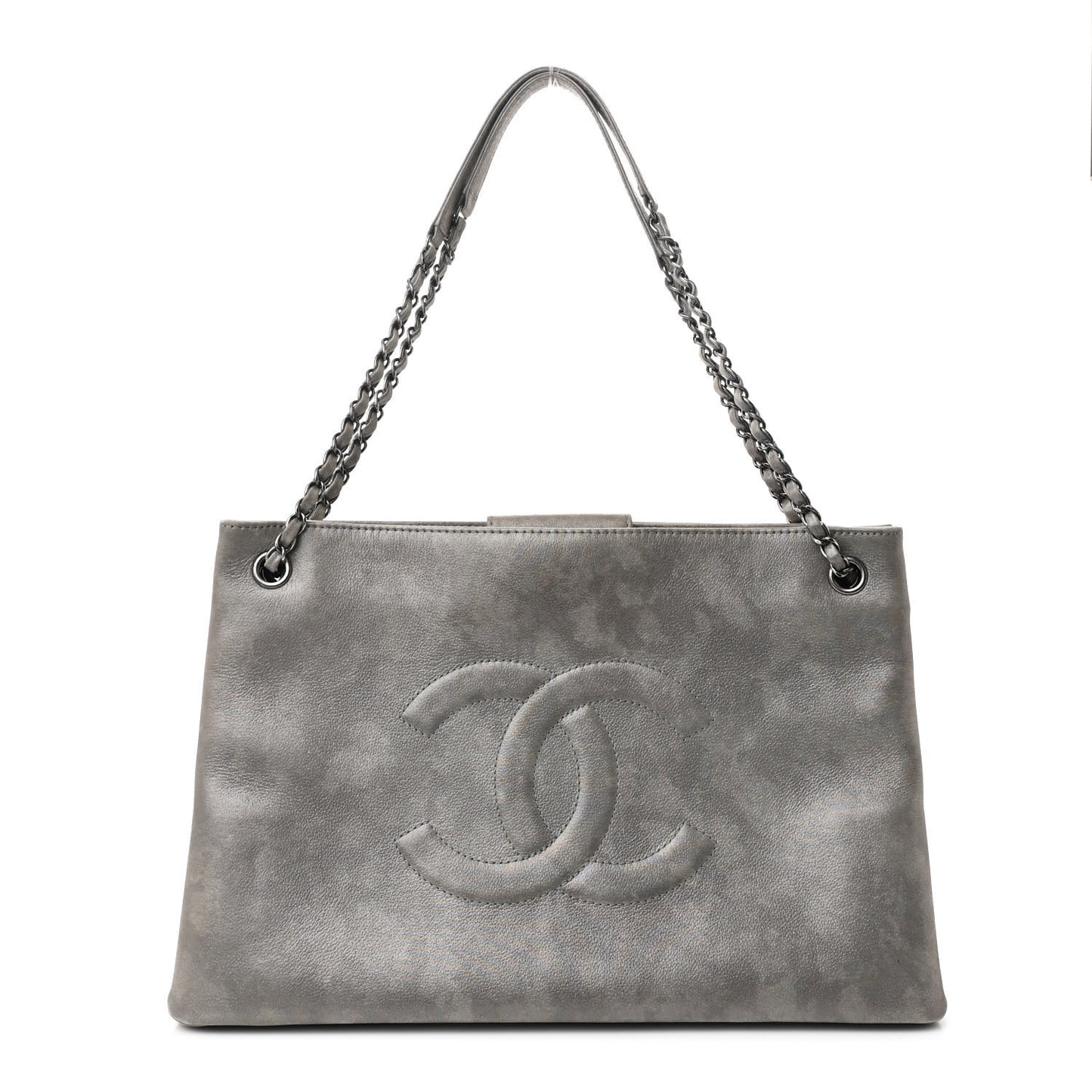 Iridescent Calfskin CC East West Shopping Tote Light Grey