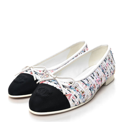 Chanel Tweed Grosgrain Cap Toe Ballerina Flats 35.5 White Black Pink 3 of 8