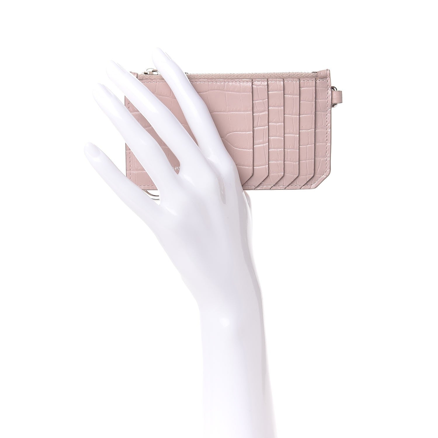 Saint Laurent Calfskin Crocodile Embossed 5 Fragments Zip Pouch Card Holder Rose Antic 2 of 13