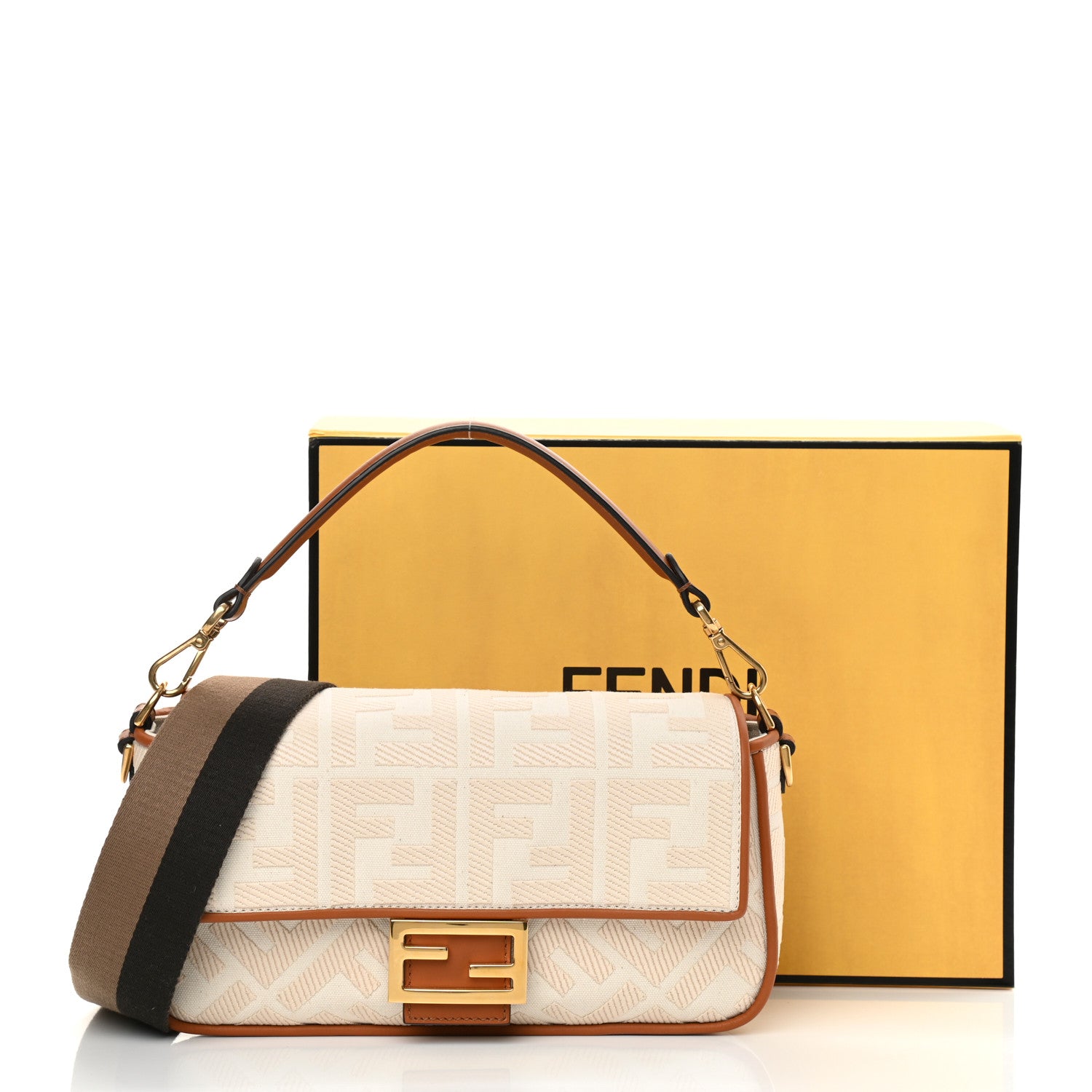 Fendi Canvas Vitello King Bi-Color Strap FF Embroidered Baguette Grezzo Brandy Cuoio 13 of 13