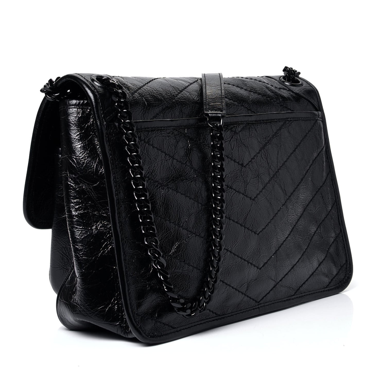 Crinkled Calfskin Matelasse Monogram Medium Niki Chain Satchel Black