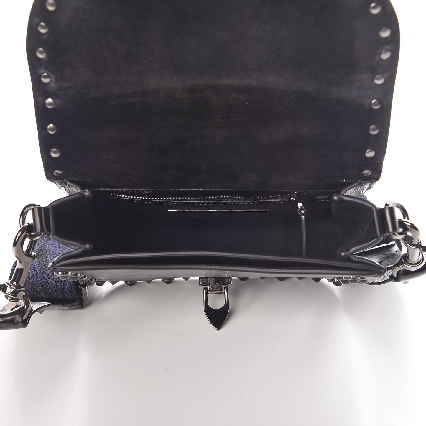 Craquele Calfskin Guitar Strap Rockstud Rolling Shoulder Flap Messenger Bag Black