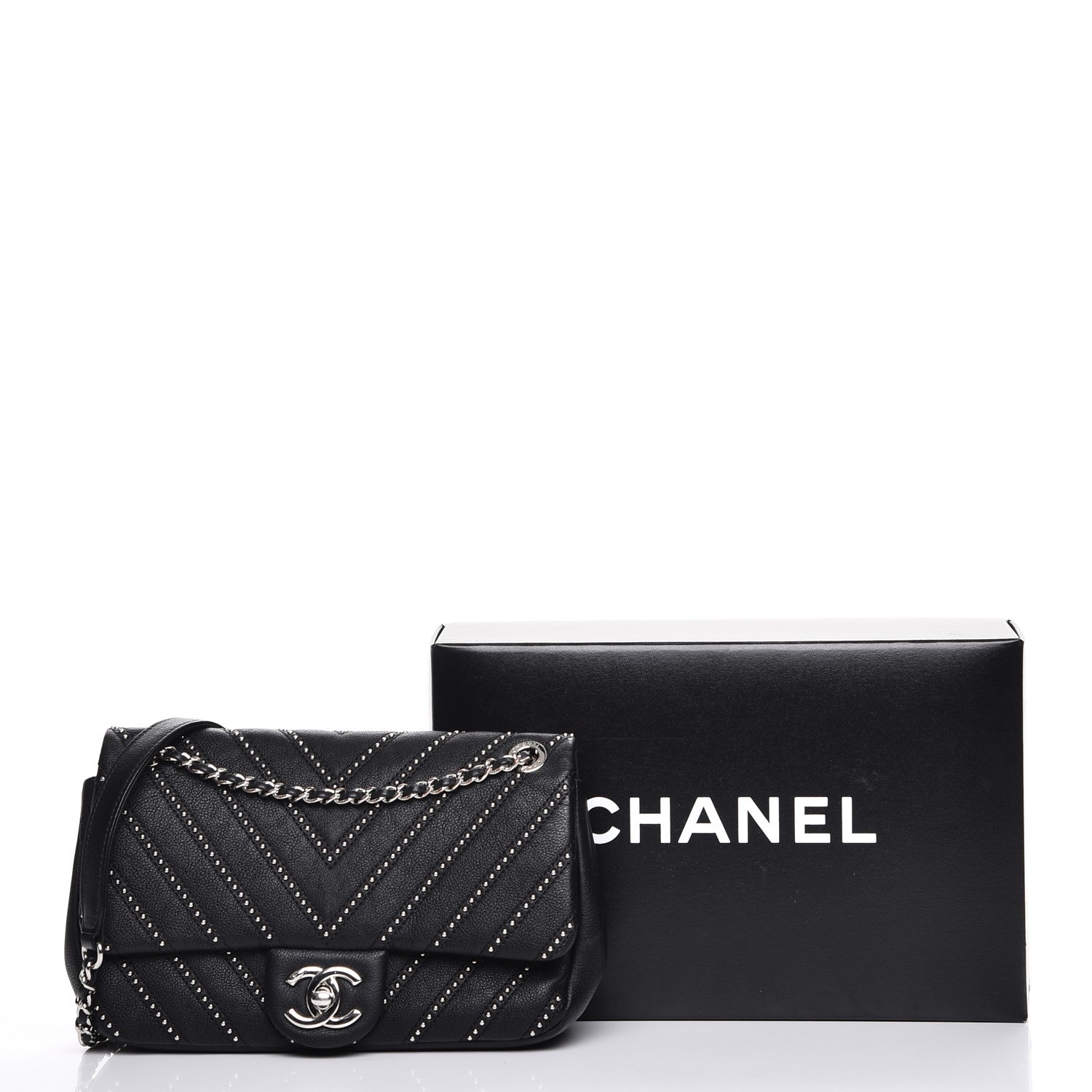 Chanel Calfskin Studded Chevron Quilted Wars Flap Black 8 of 8