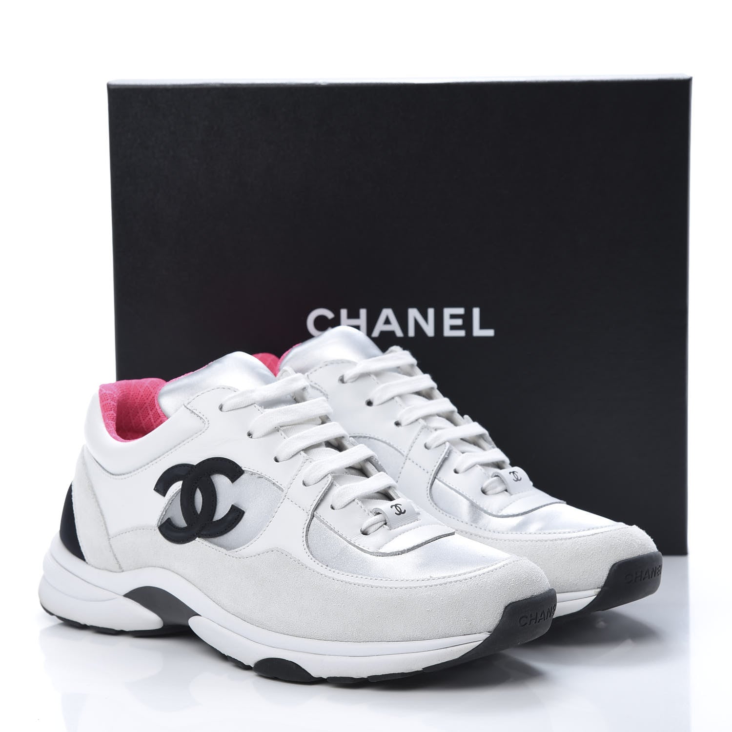 Chanel Calfskin Fabric Sneakers 40 White Silver Fluo Pink 9 of 10