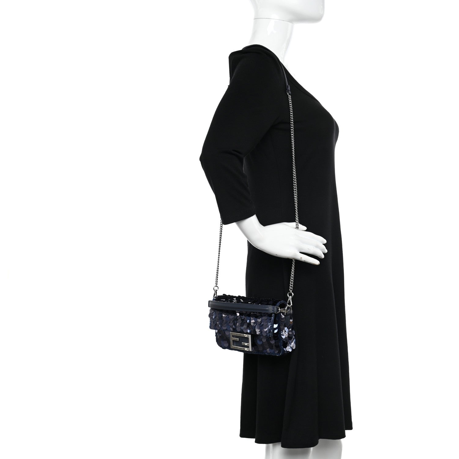 Fendi Sequin Paillettes Vitello Grace Striped Mini Baguette Dark Blue Lunai 2 of 11