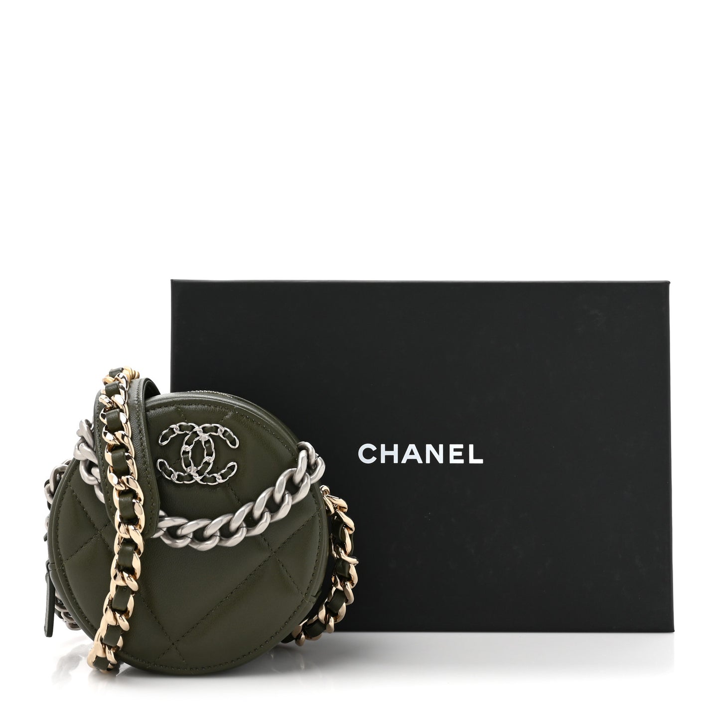 Lambskin Quilted Chanel 19 Round Clutch With Chain Khaki