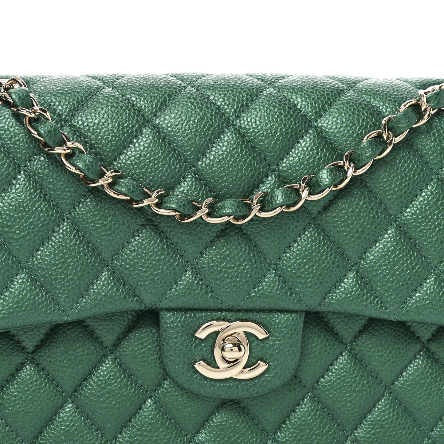 Metallic Caviar Quilted Medium Double Flap Green