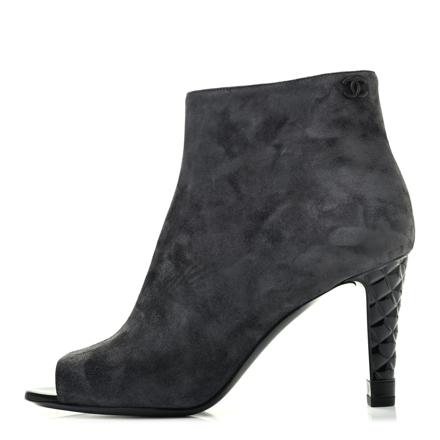Suede Calfskin Patent Quilted Peep Toe Short Boots 38 Dark Grey