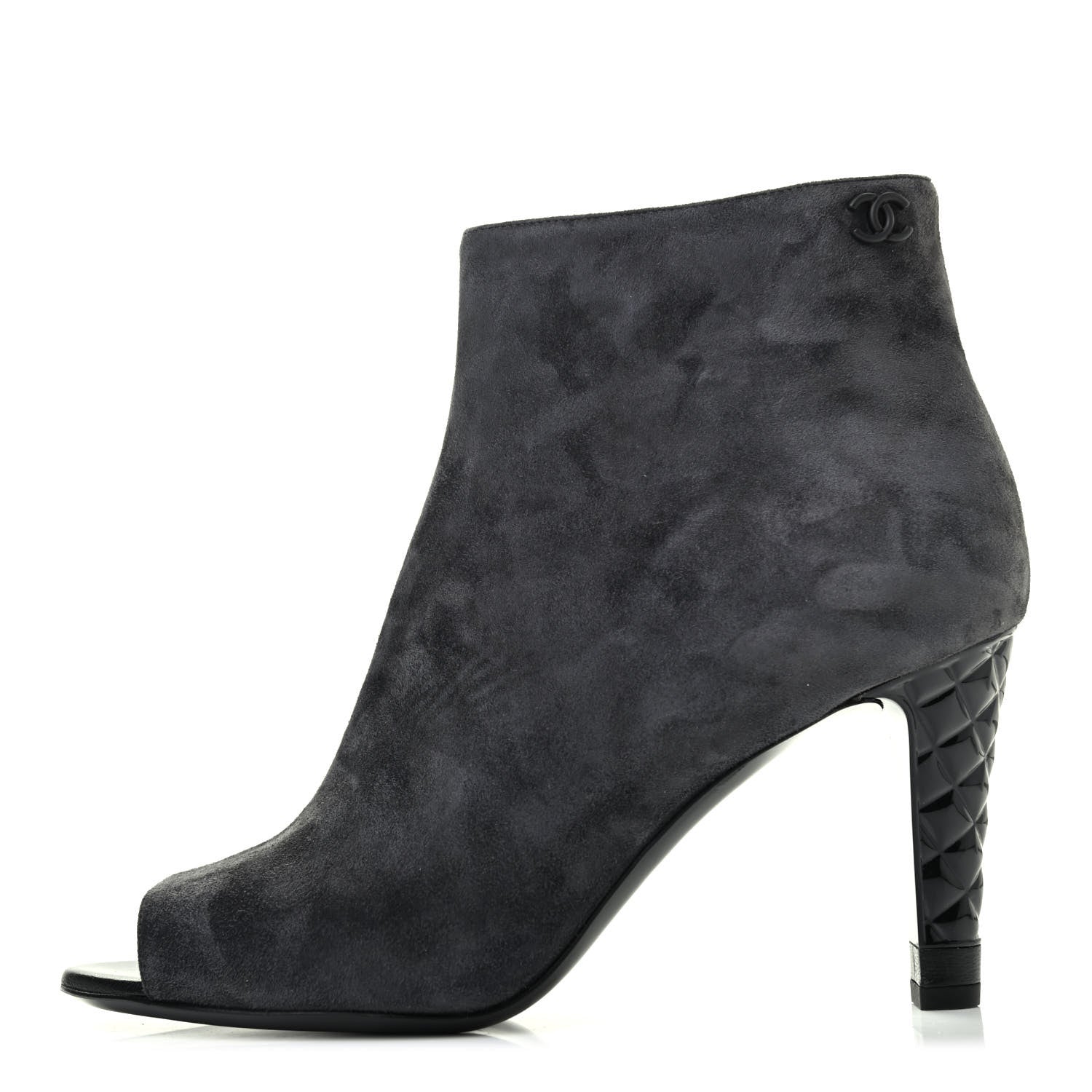 Chanel Suede Calfskin Patent Quilted Peep Toe Short Boots 38 Dark Grey 1 of 11