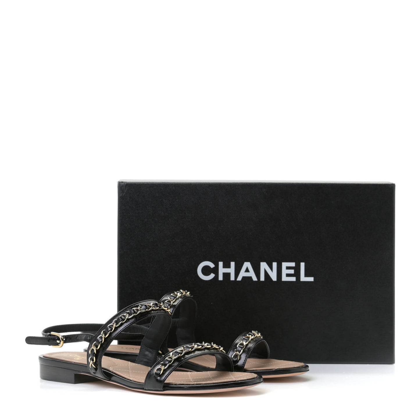Patent Calfskin CC Chain Sandals 36 Black