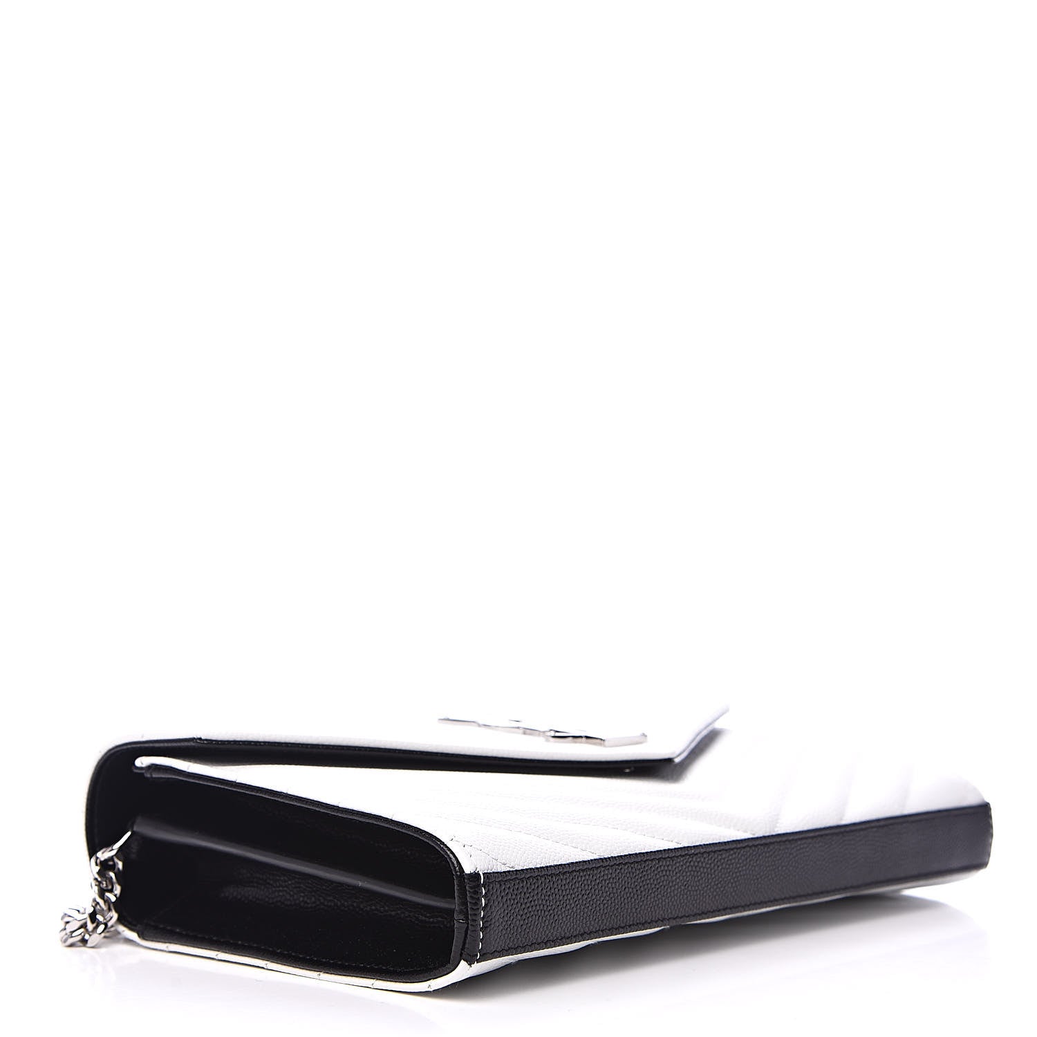 Saint Laurent Grain De Poudre Matelasse Bi-Color Chevron Monogram Chain Wallet White Black 4 of 9