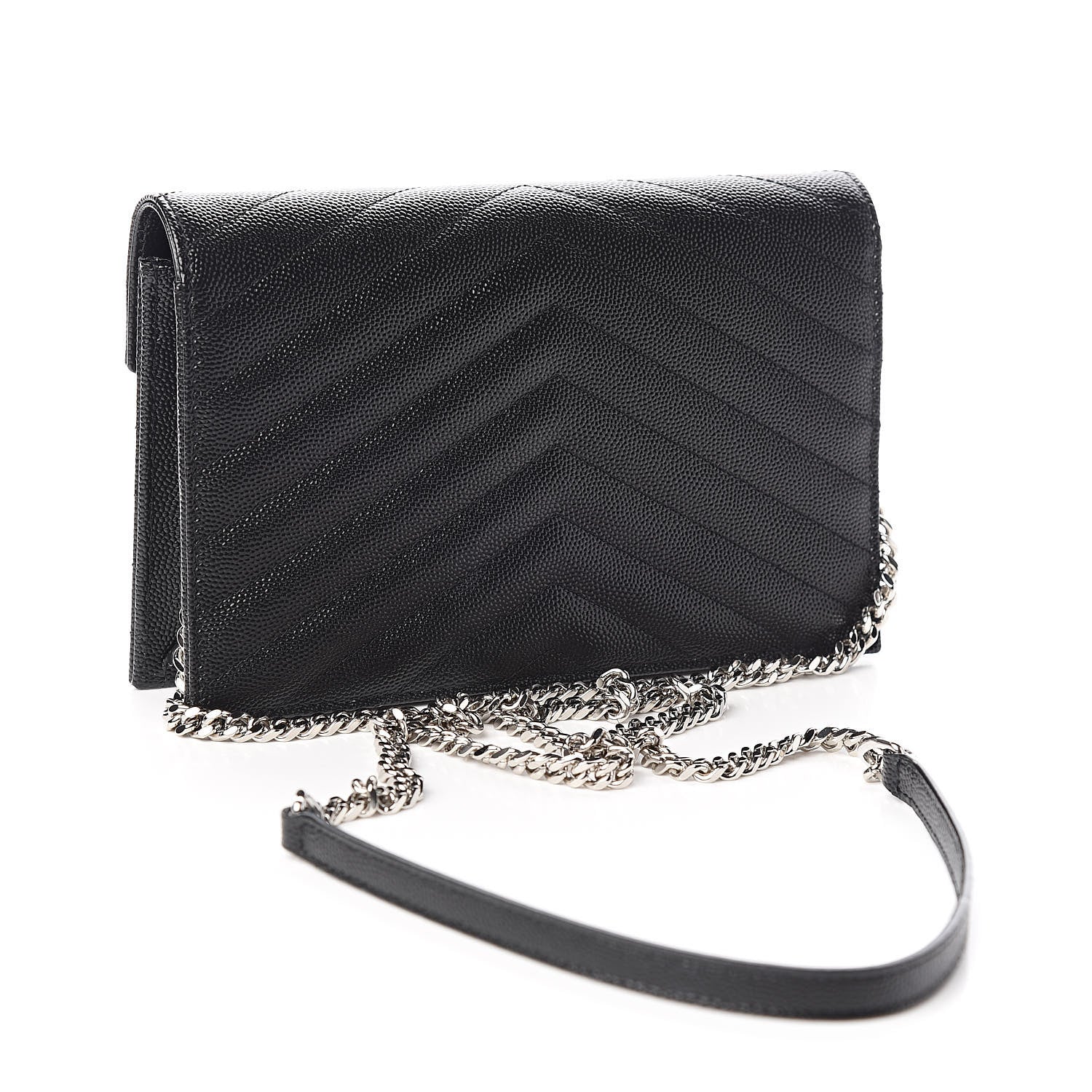 Saint Laurent Grain De Poudre Matelasse Chevron Monogram Envelope Chain Wallet Black 3 of 10