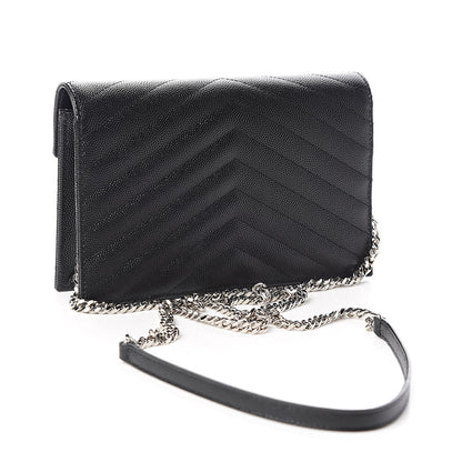 Saint Laurent Grain De Poudre Matelasse Chevron Monogram Envelope Chain Wallet Black 3 of 10