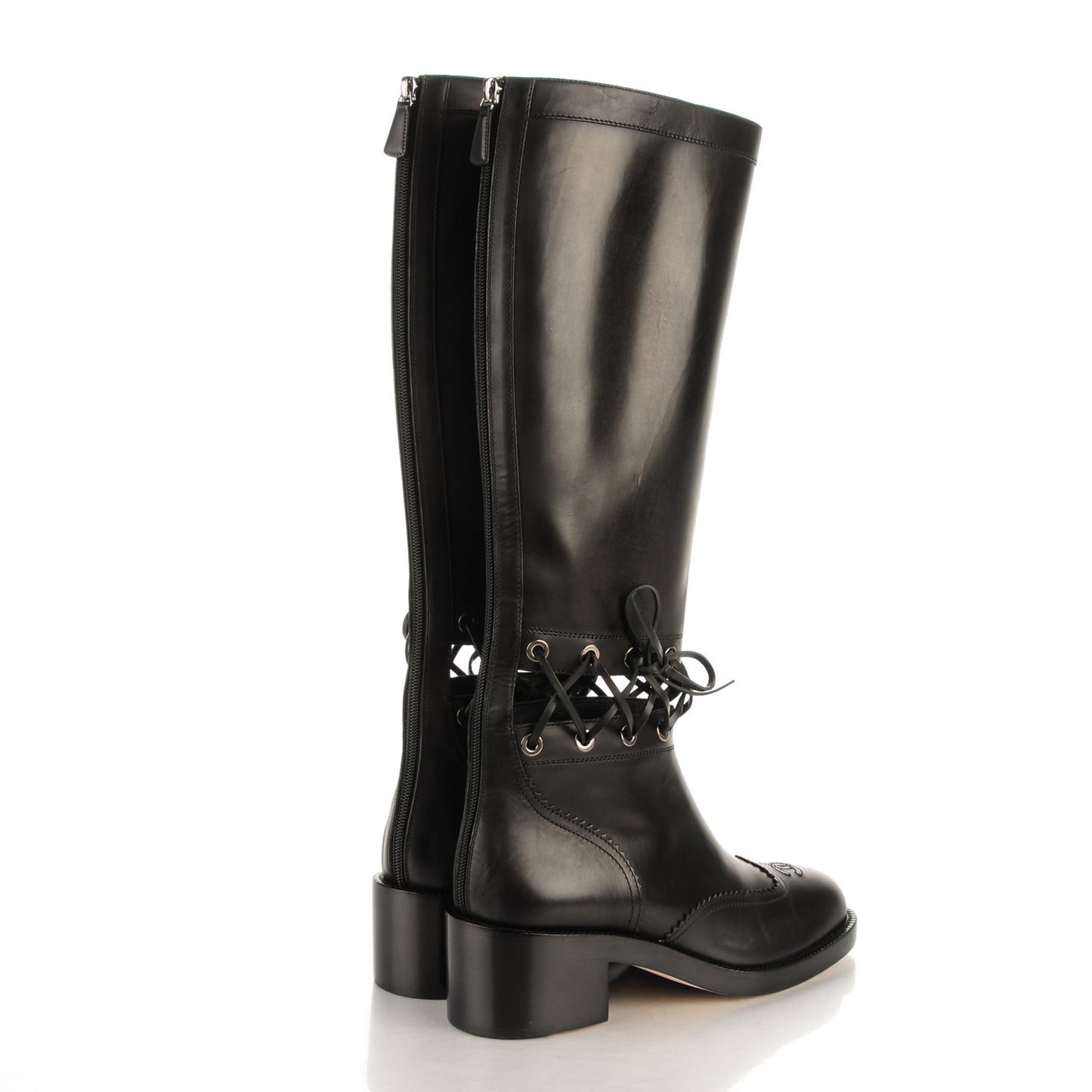 Calfskin Lace Up Knee High Boots 41.5 Black