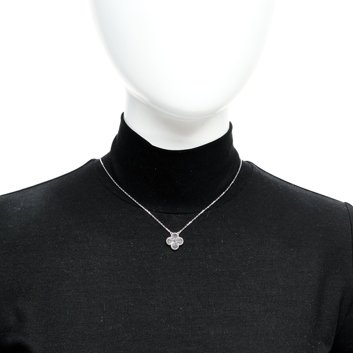 18K White Gold Guilloche Vintage Alhambra Pendant Necklace