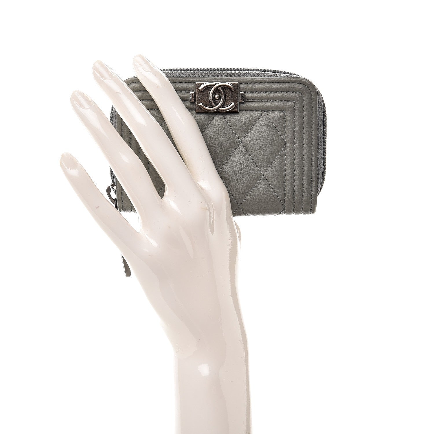 Chanel Lambskin Quilted Boy Zip Around Coin Purse Wallet Grey 2 of 8