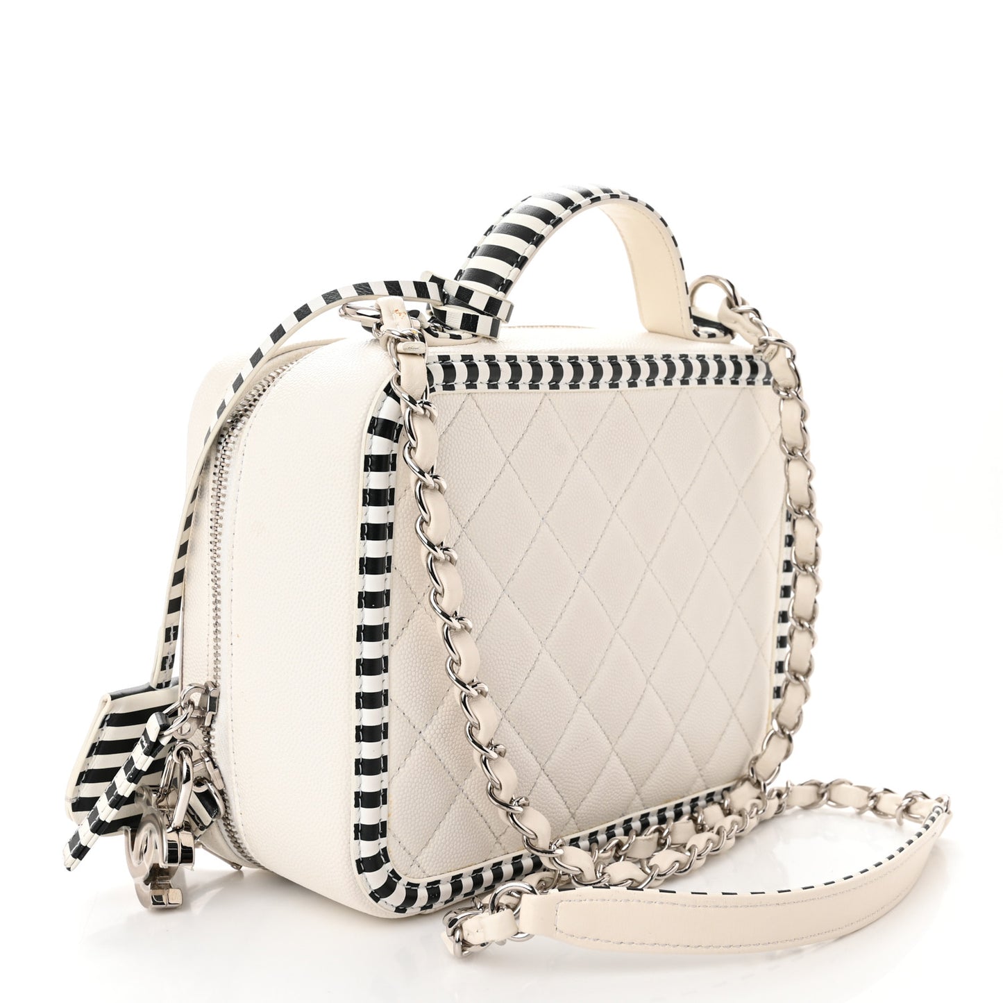 Caviar Quilted Striped Medium CC Filigree Vanity Case White Black