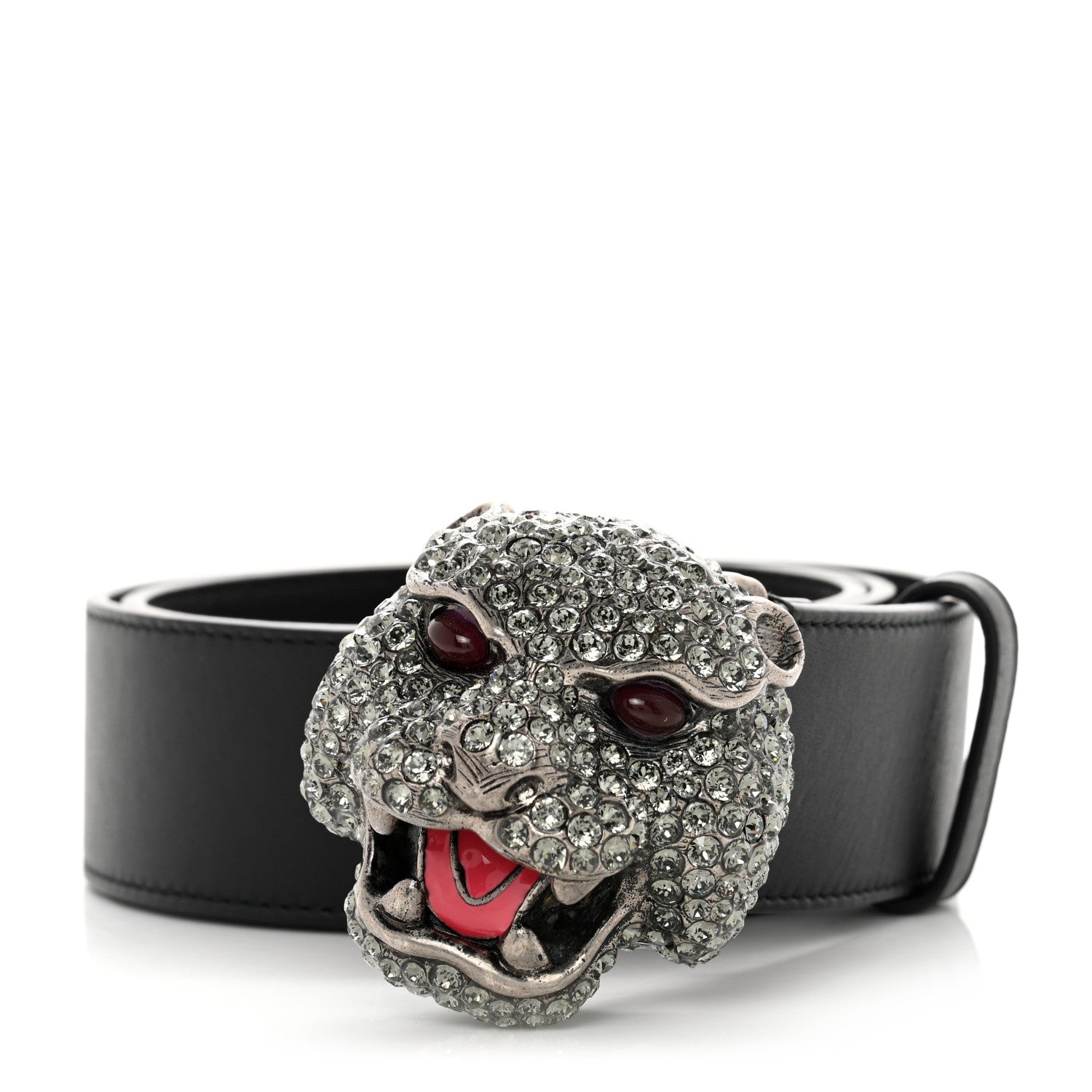 Gucci Calfskin Crystal Tiger Head Buckle Belt 80 32 Black 1 of 7