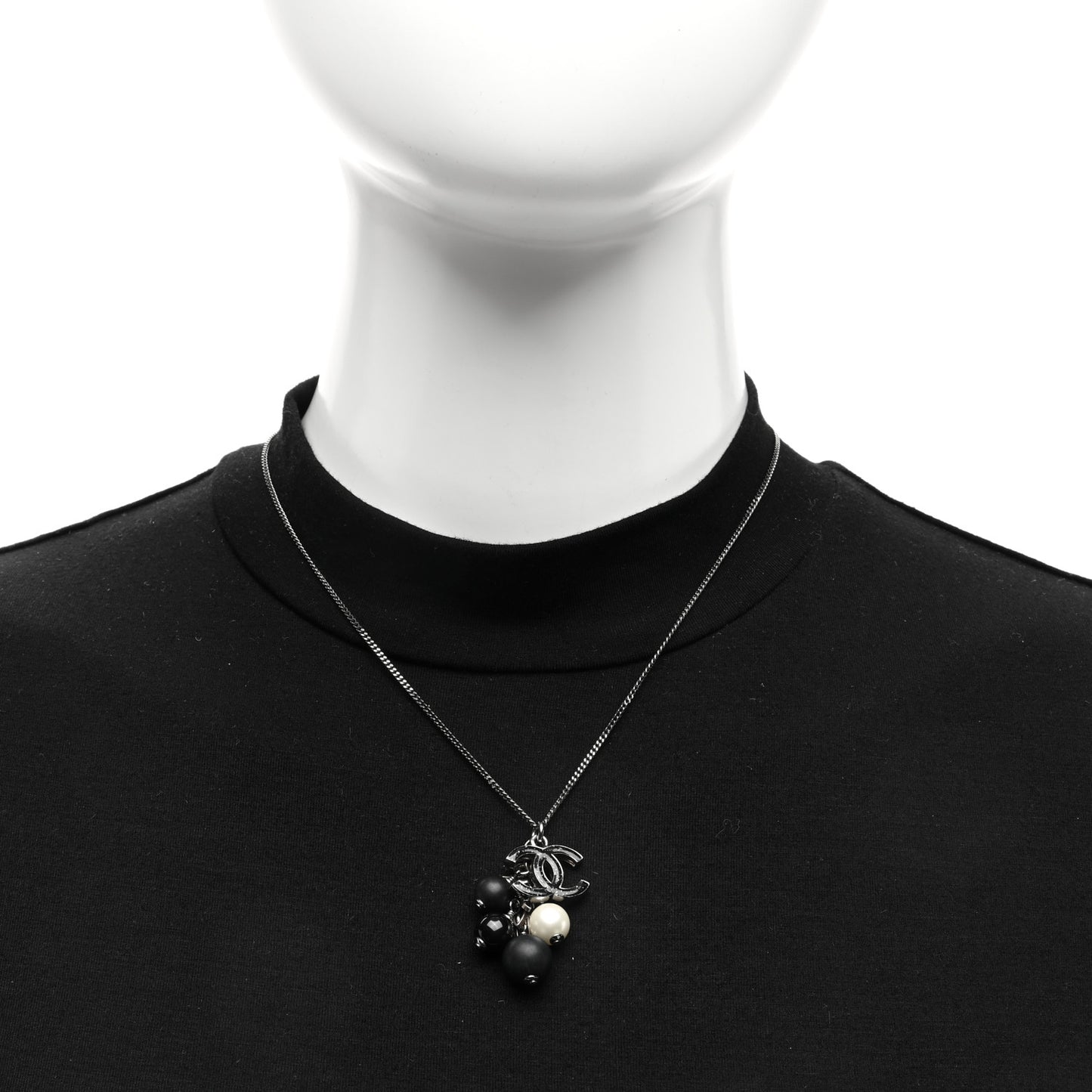 Iridescent Enamel Bead Pearl CC Drop Necklace Black Silver