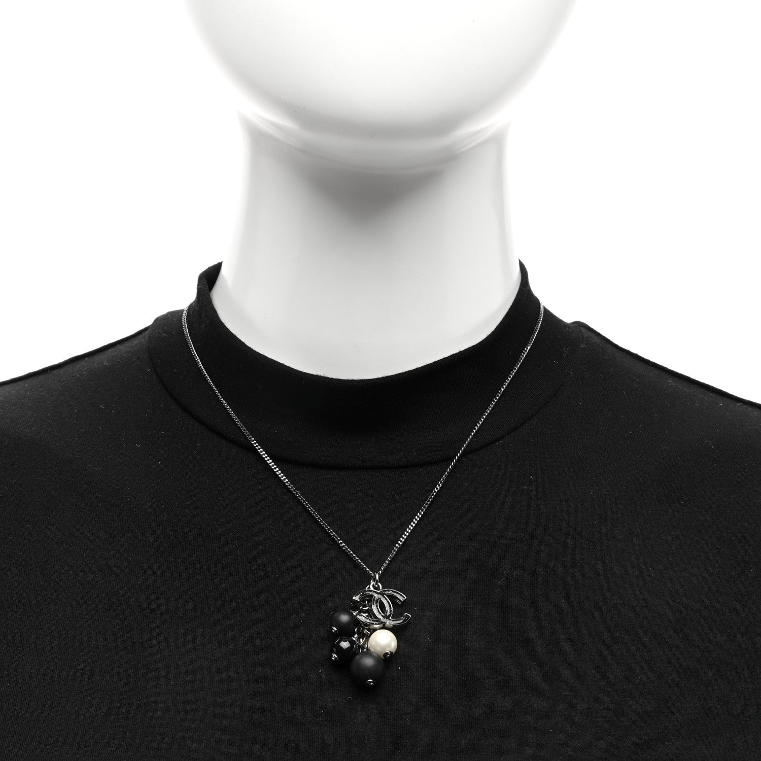 Chanel Iridescent Enamel Bead Pearl CC Drop Necklace Black Silver 2 of 4