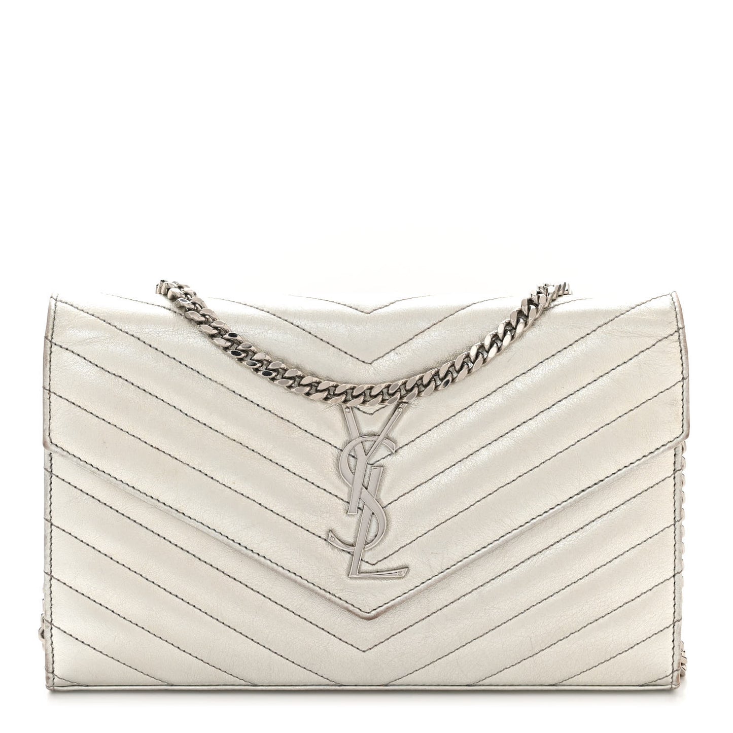 Metallic Lambskin Matelasse Chevron Monogram Chain Wallet Argento