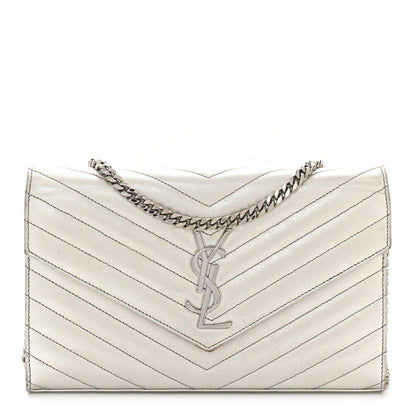 Saint Laurent Metallic Lambskin Matelasse Chevron Monogram Chain Wallet Argento 1 of 16