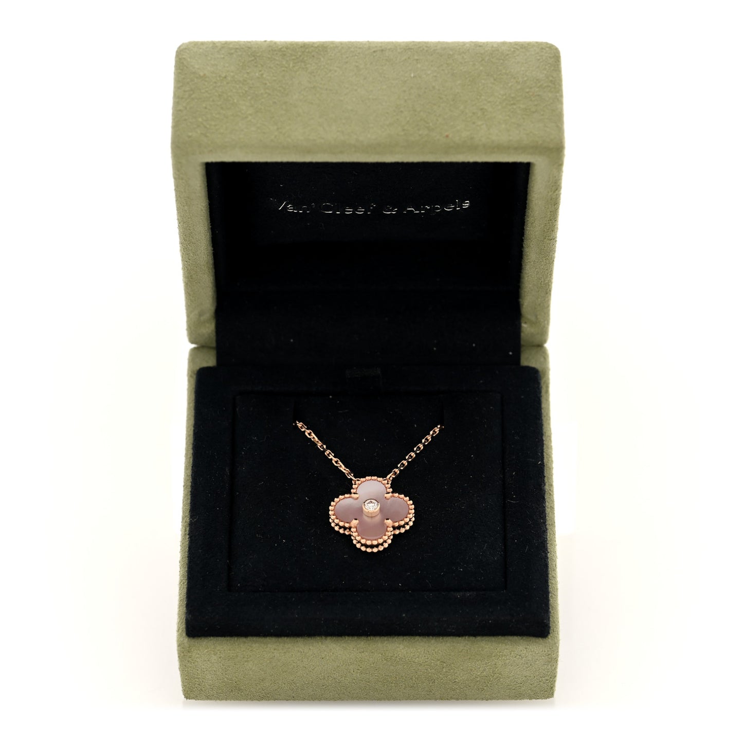18K Rose Gold Diamond Pink Mother of Pearl Vintage Alhambra Pendant Necklace