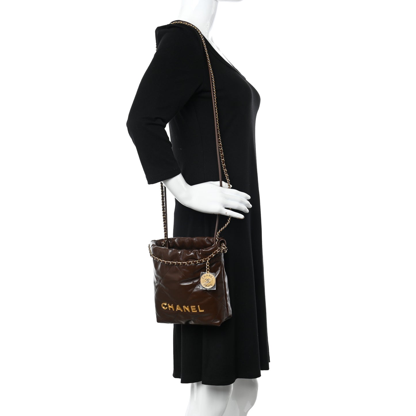 Shiny Calfskin Quilted Mini Chanel 22 Brown
