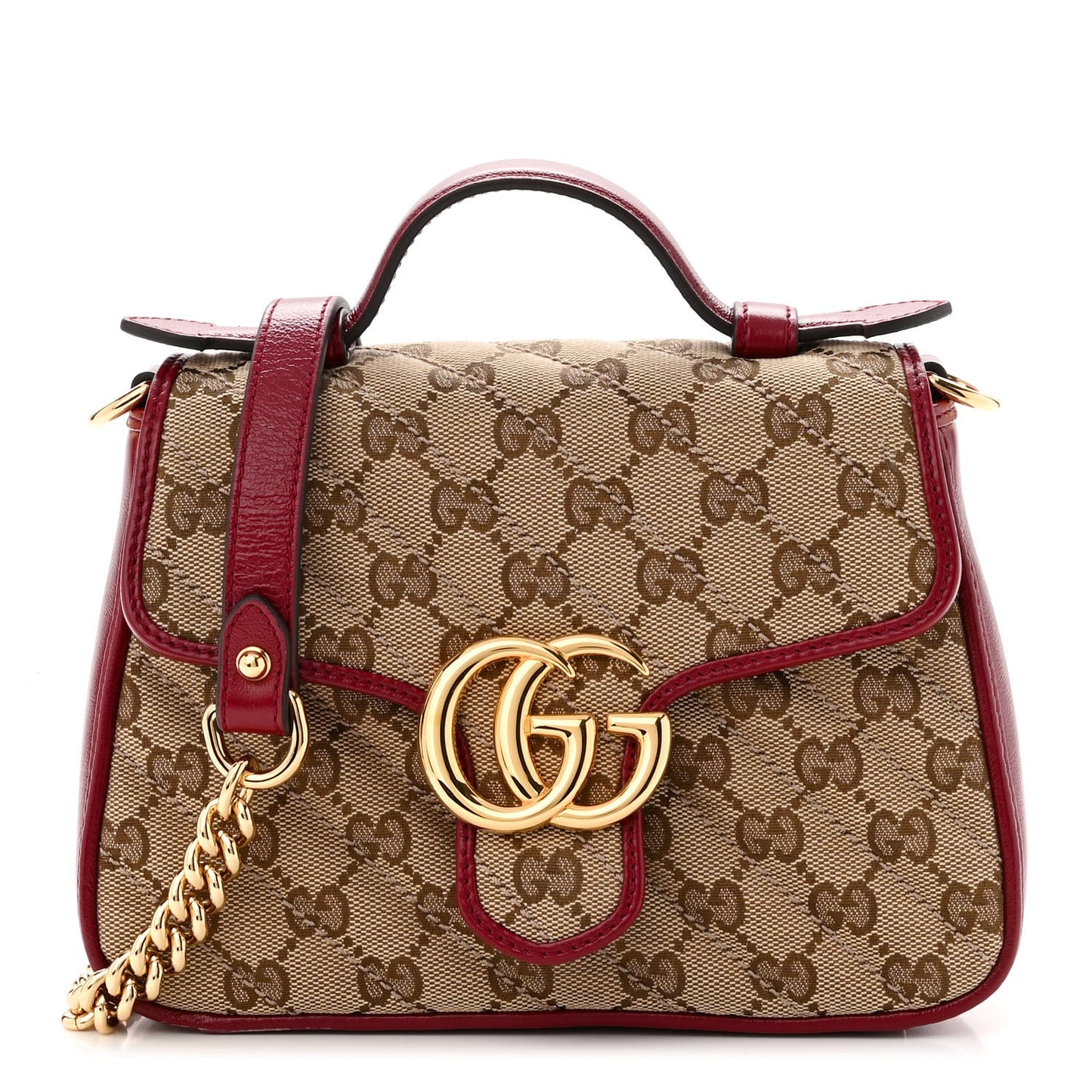 Monogram Glazed Calfskin Matelasse Diagonal Mini GG Marmont Top Handle Shoulder Bag Beige Ebony New Cherry Red