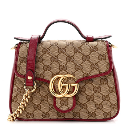 Gucci Monogram Glazed Calfskin Matelasse Diagonal Mini GG Marmont Top Handle Shoulder Bag Beige Ebony New Cherry Red 1 of 10
