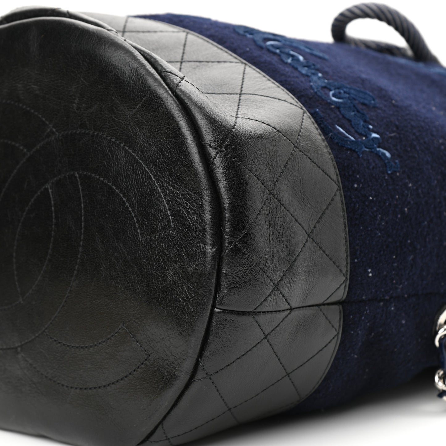 Wool Calfskin Embroidered Drawstring Backpack Navy Blue