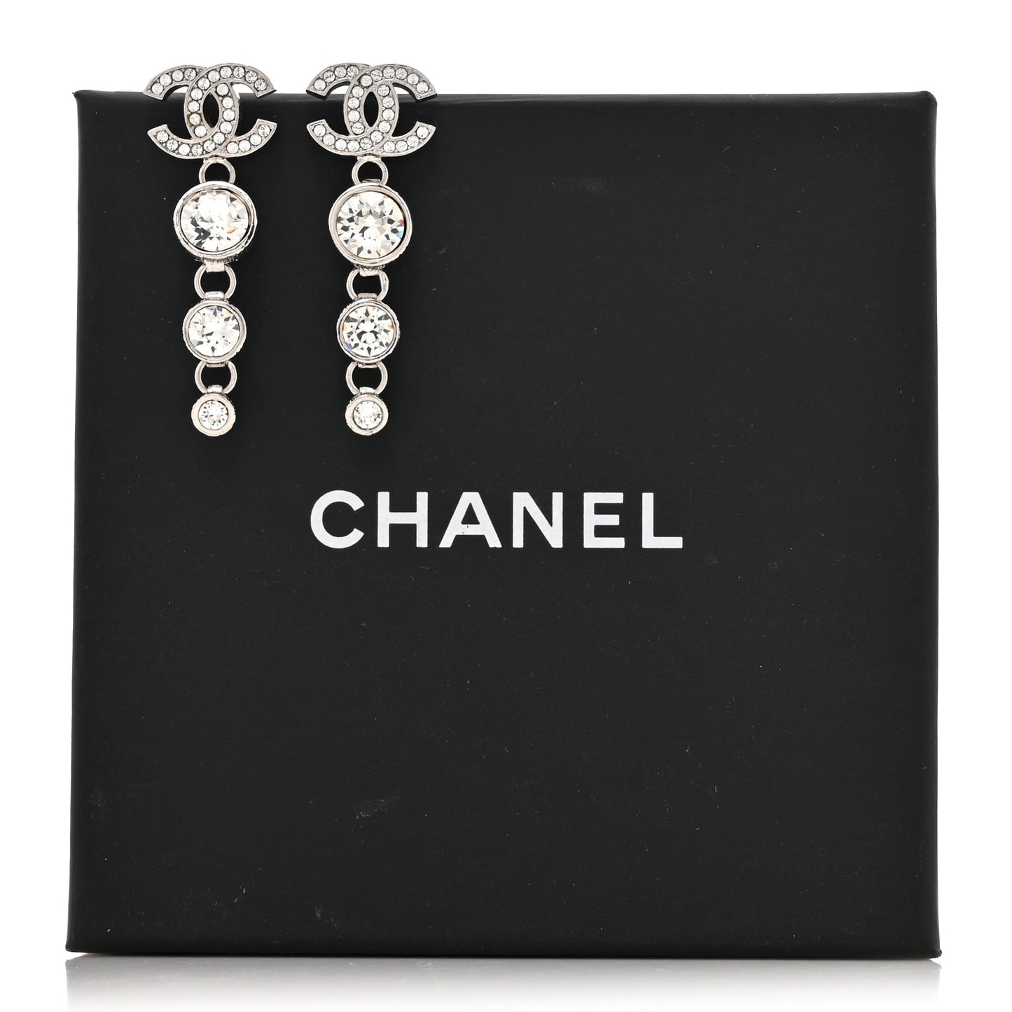 Metal Crystal CC Drop Earrings Silver