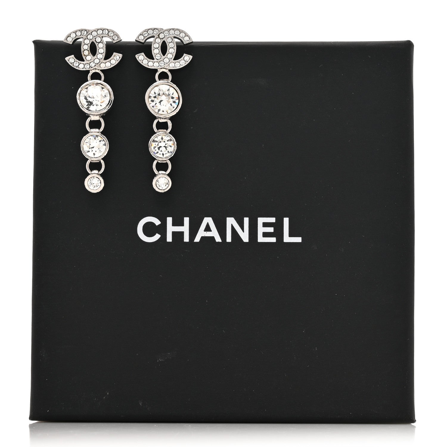 Chanel Metal Crystal CC Drop Earrings Silver 5 of 5