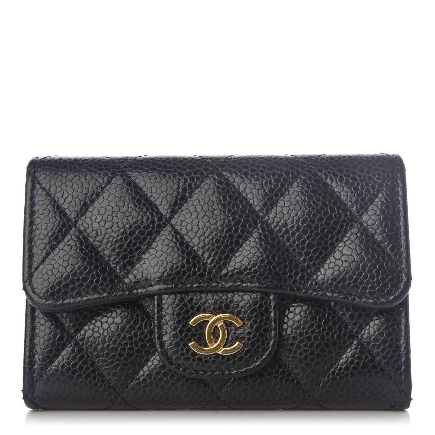 Caviar Quilted Flap Card Holder Wallet Black