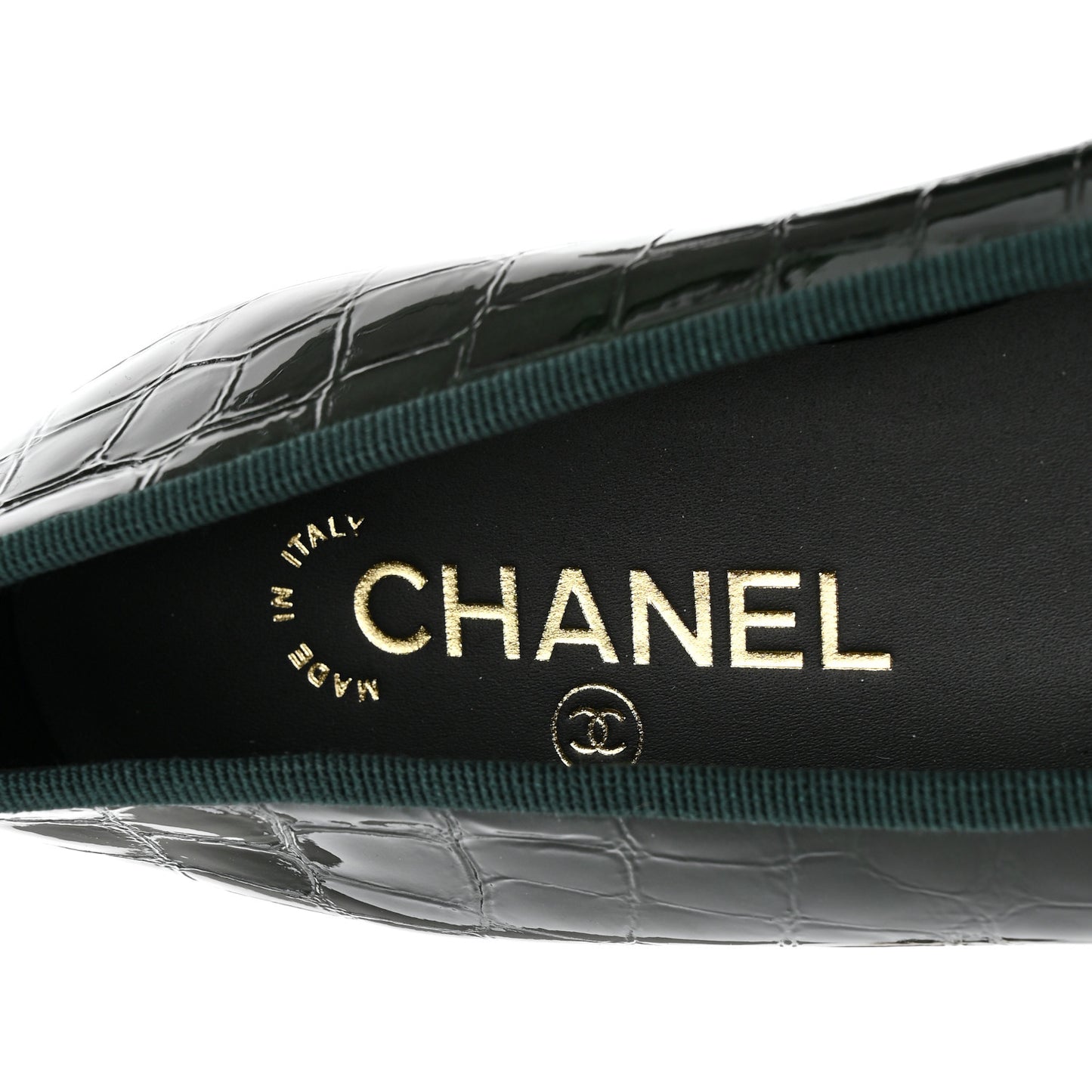 Crocodile Embossed Patent Calfskin Cap Toe CC Ballerina Flats 38 Dark Green Black