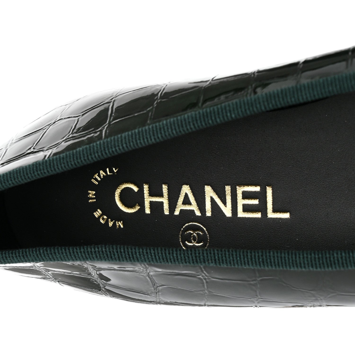 Chanel Crocodile Embossed Patent Calfskin Cap Toe CC Ballerina Flats 38 Dark Green Black 8 of 10
