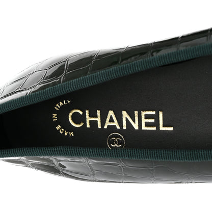 Chanel Crocodile Embossed Patent Calfskin Cap Toe CC Ballerina Flats 38 Dark Green Black 8 of 10