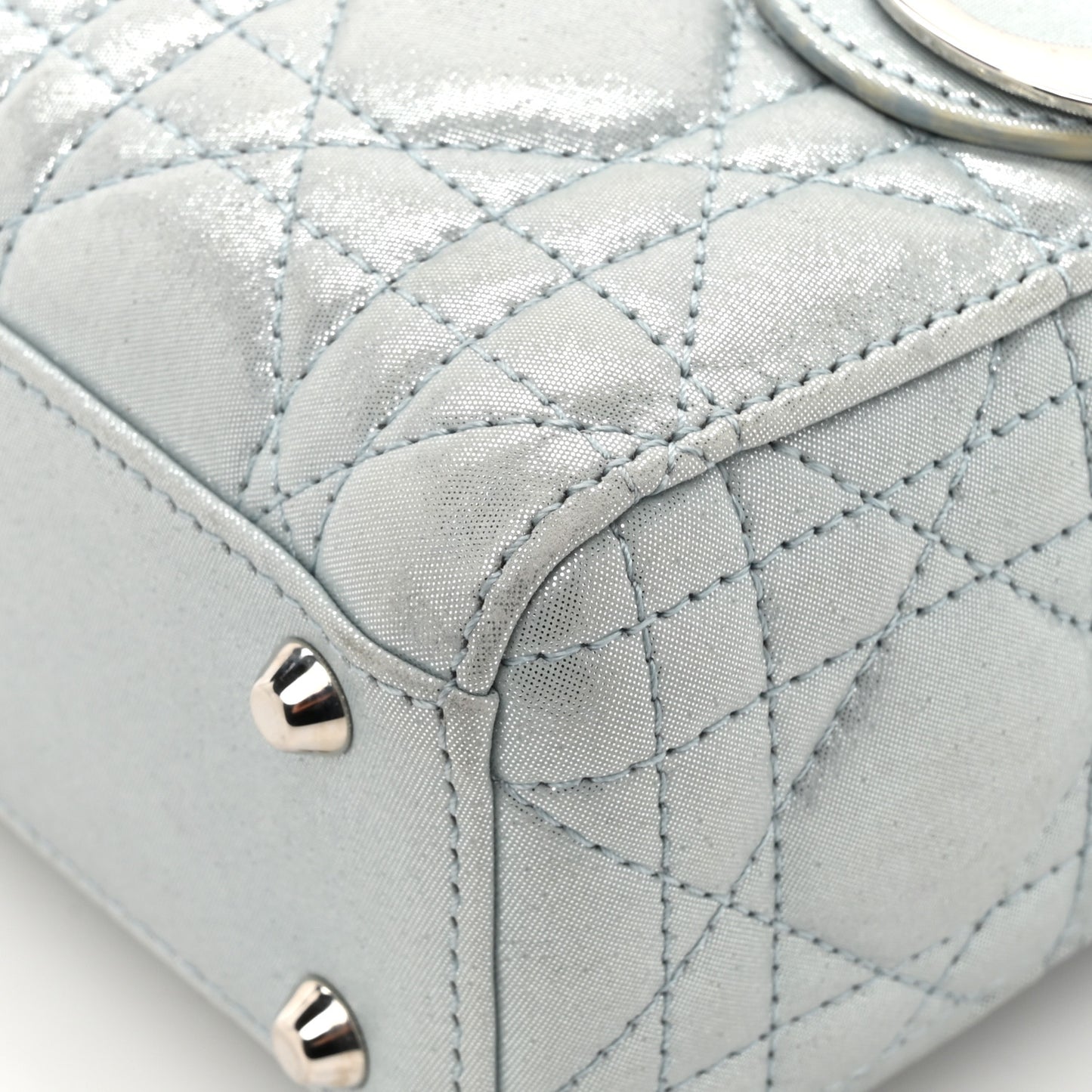 Metallic Lambskin Cannage Mini Lady Dior Light Blue
