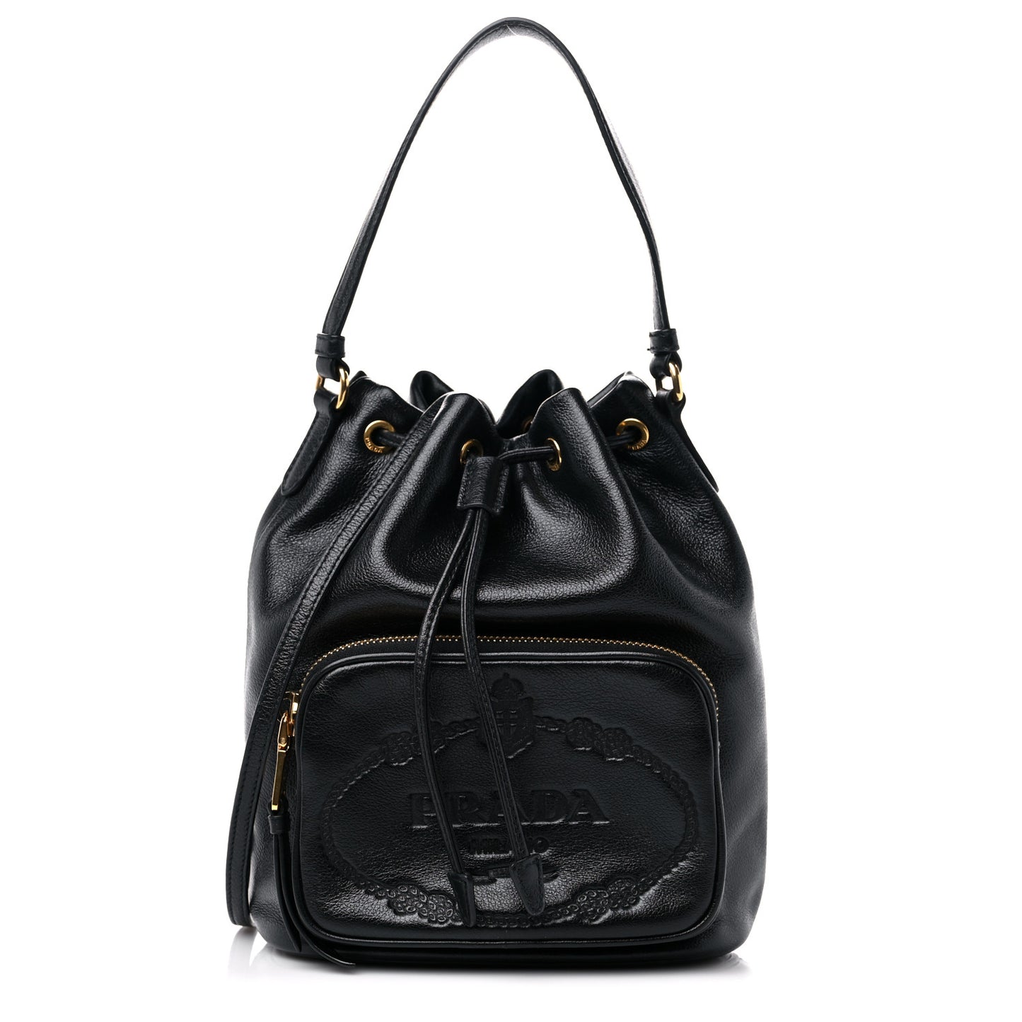 Glace Calfskin Embossed Secchiello Bucket Bag Black