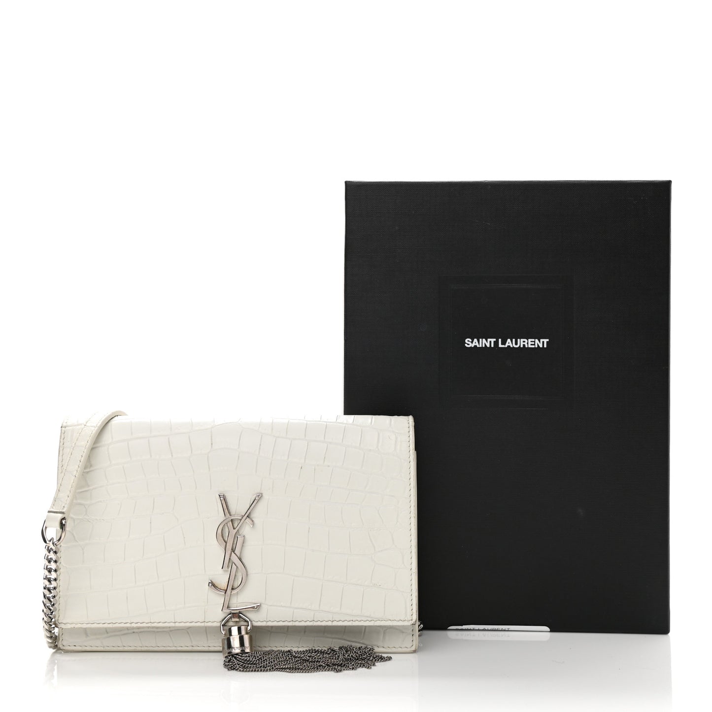 Calfskin Crocodile Embossed Kate Monogram Tassel Chain Wallet Crema Soft
