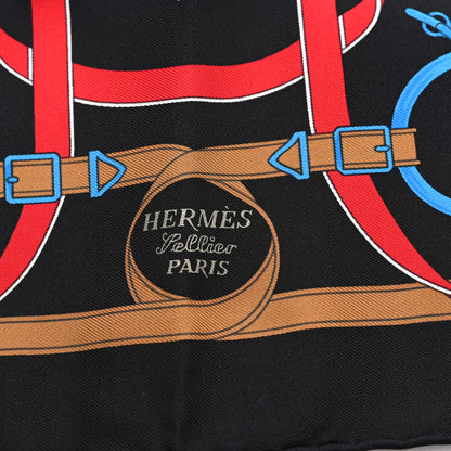 Hermes Silk Eperon D'Or Pocket Square Scarf Black Bleu Vif Rouge 2 of 3